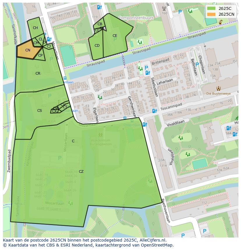 Afbeelding van het postcodegebied 2625 CN op de kaart.