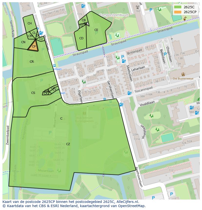 Afbeelding van het postcodegebied 2625 CP op de kaart.