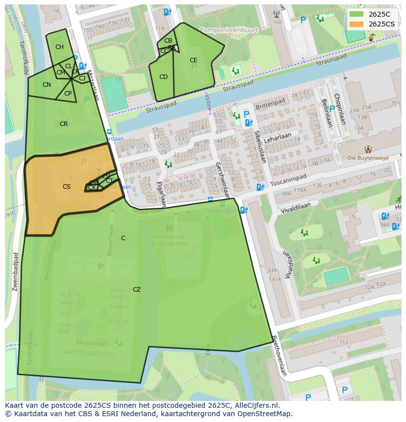 Afbeelding van het postcodegebied 2625 CS op de kaart.