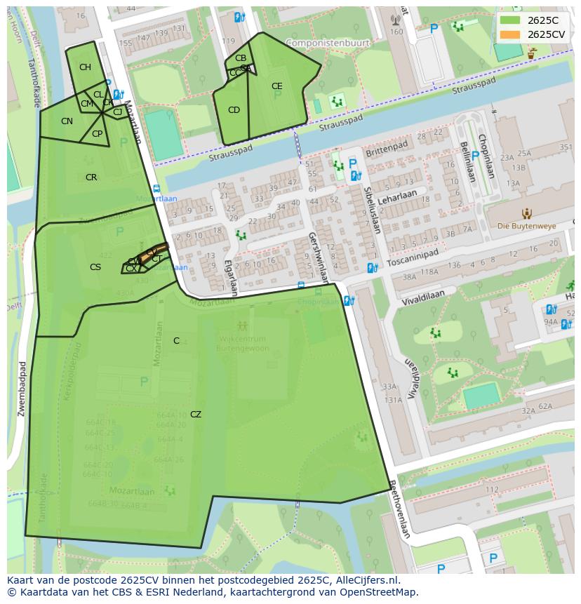 Afbeelding van het postcodegebied 2625 CV op de kaart.