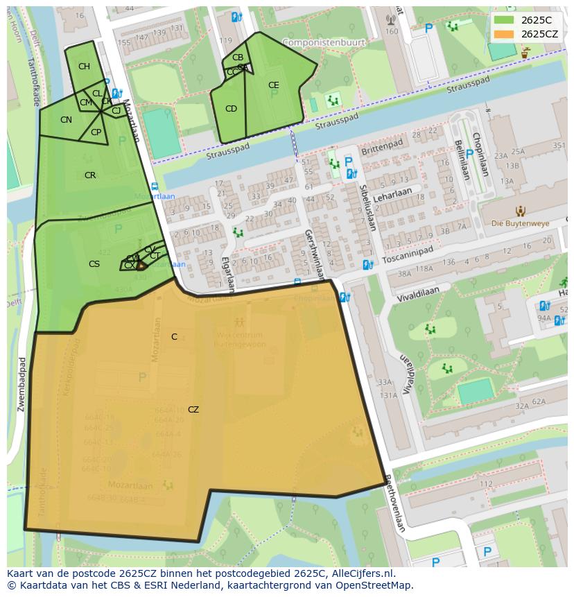 Afbeelding van het postcodegebied 2625 CZ op de kaart.
