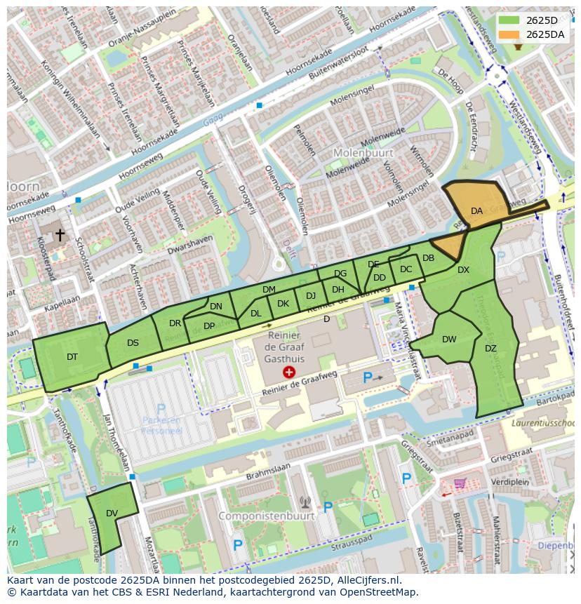 Afbeelding van het postcodegebied 2625 DA op de kaart.