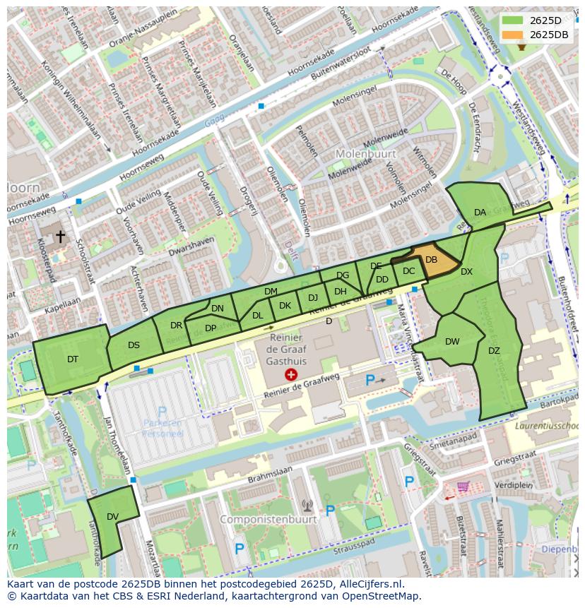 Afbeelding van het postcodegebied 2625 DB op de kaart.