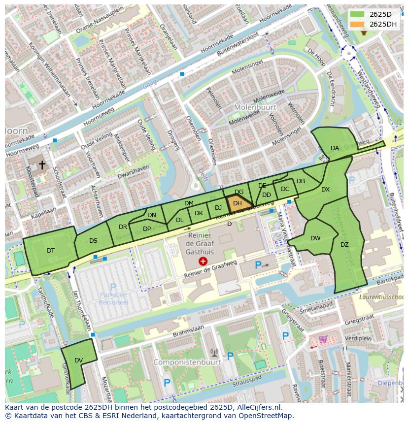Afbeelding van het postcodegebied 2625 DH op de kaart.
