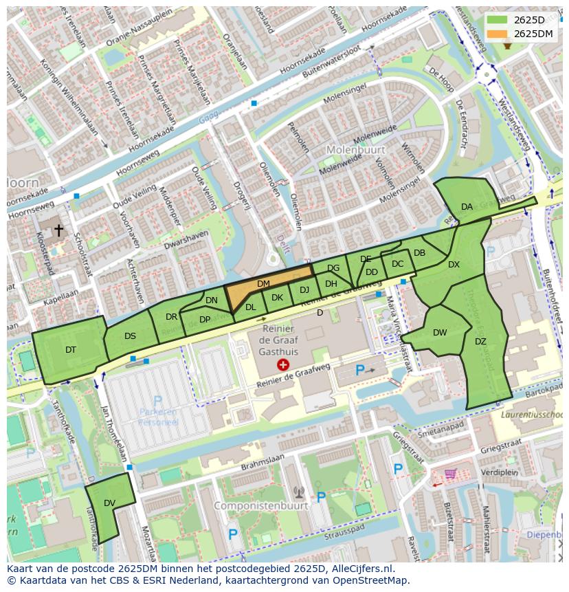 Afbeelding van het postcodegebied 2625 DM op de kaart.
