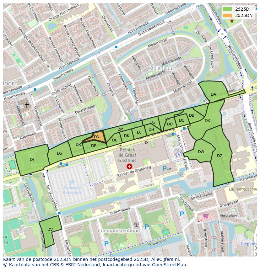 Afbeelding van het postcodegebied 2625 DN op de kaart.