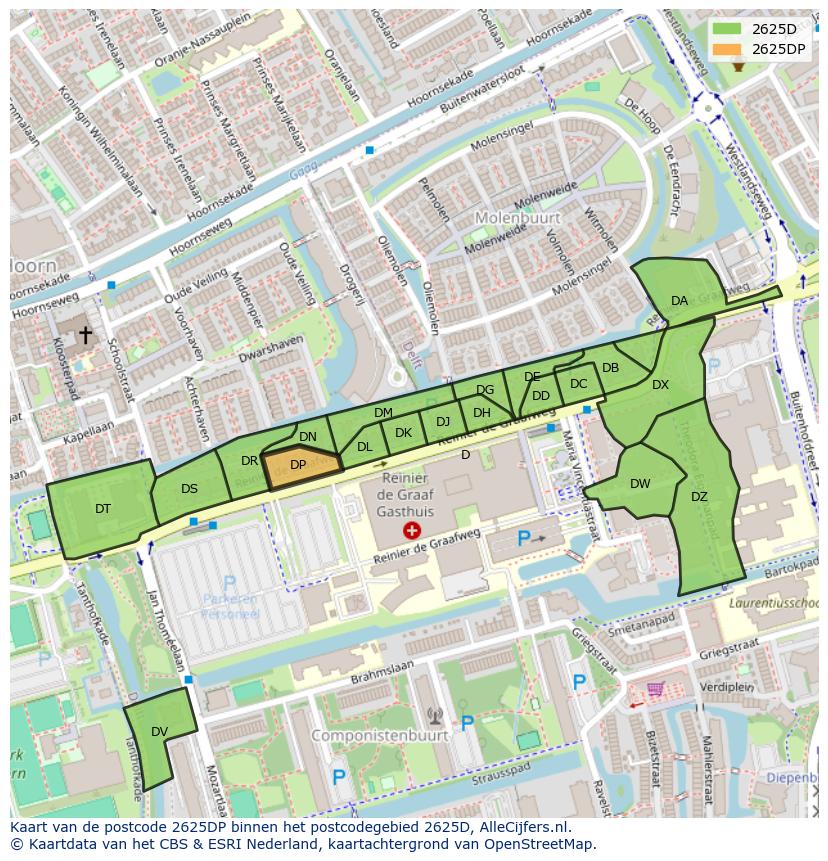 Afbeelding van het postcodegebied 2625 DP op de kaart.