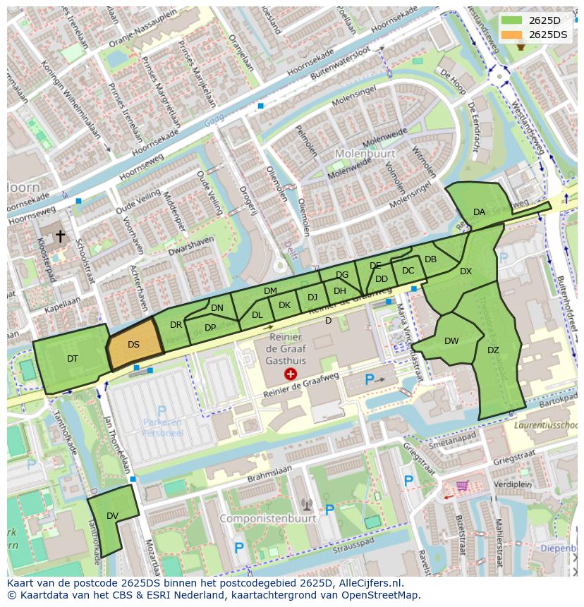 Afbeelding van het postcodegebied 2625 DS op de kaart.