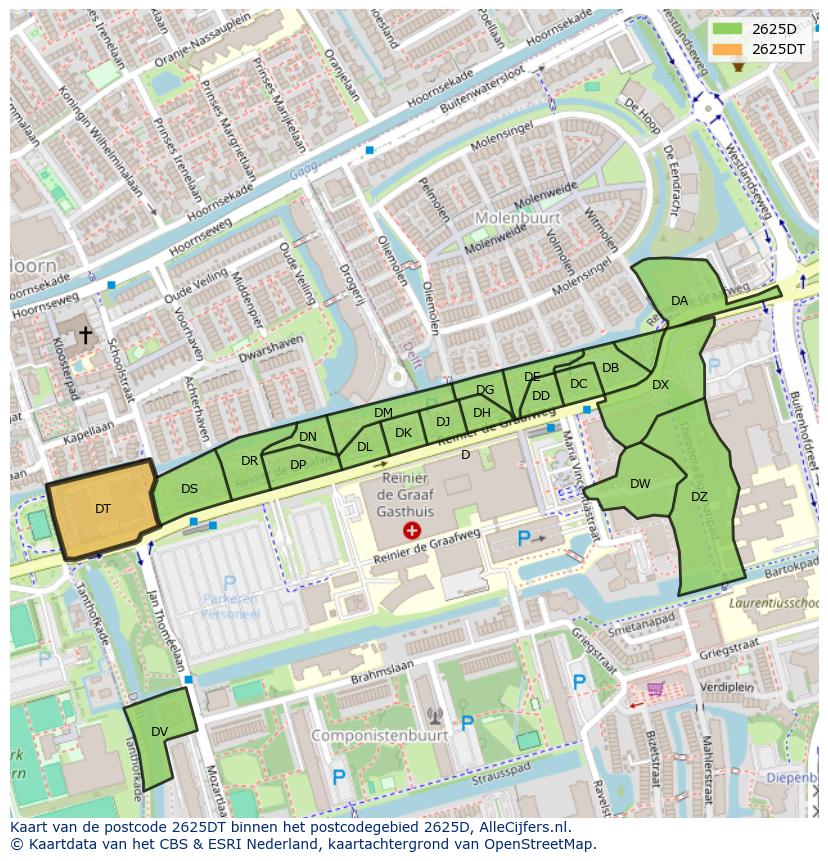 Afbeelding van het postcodegebied 2625 DT op de kaart.