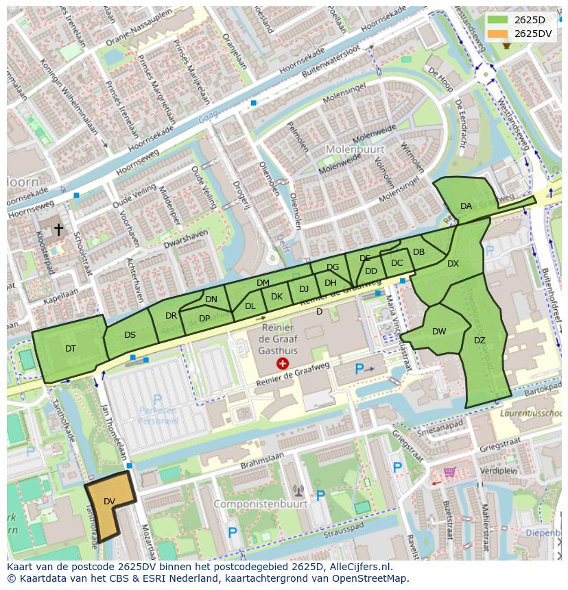 Afbeelding van het postcodegebied 2625 DV op de kaart.