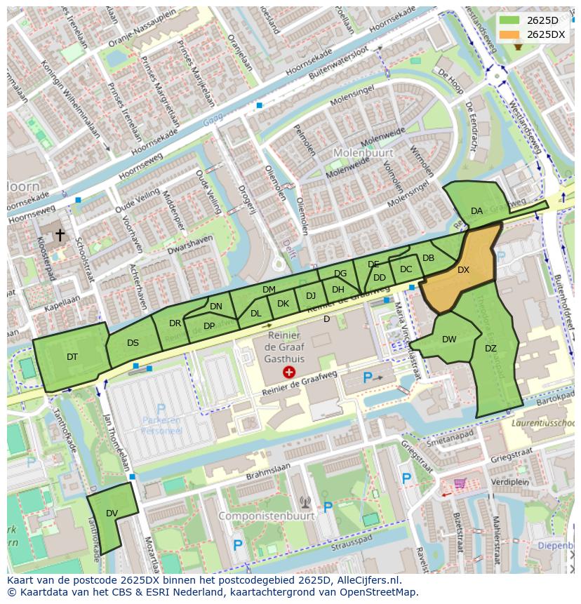 Afbeelding van het postcodegebied 2625 DX op de kaart.