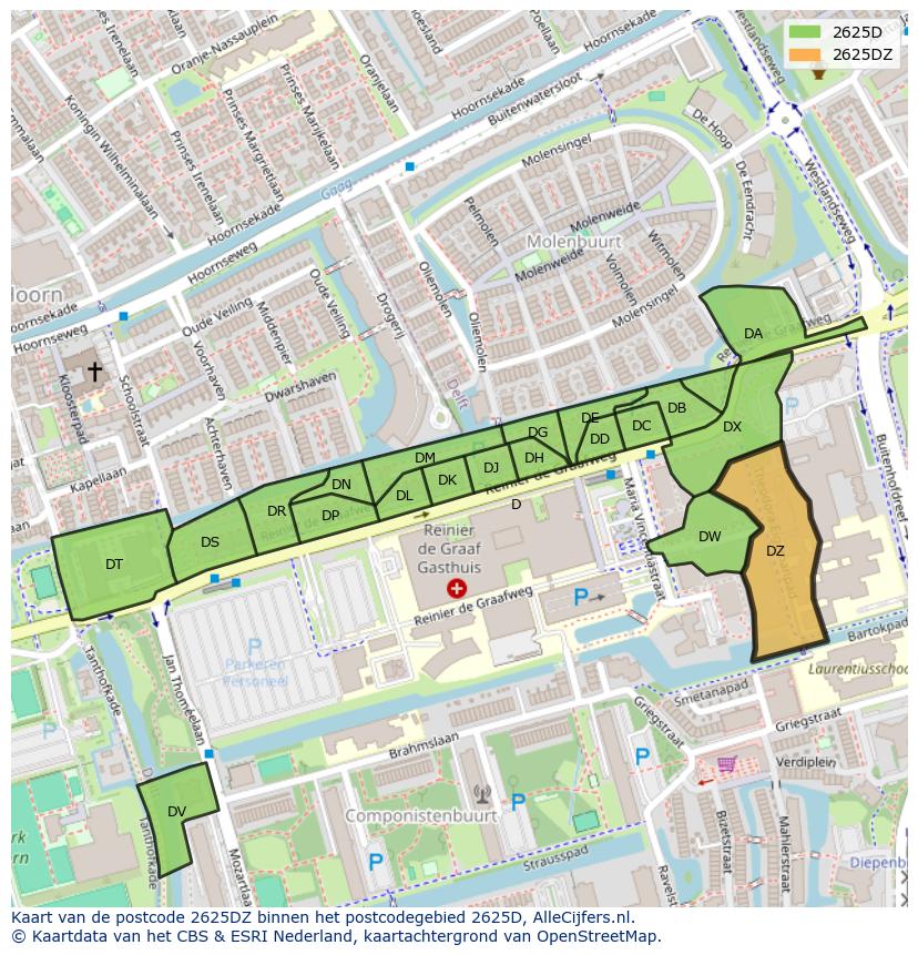 Afbeelding van het postcodegebied 2625 DZ op de kaart.