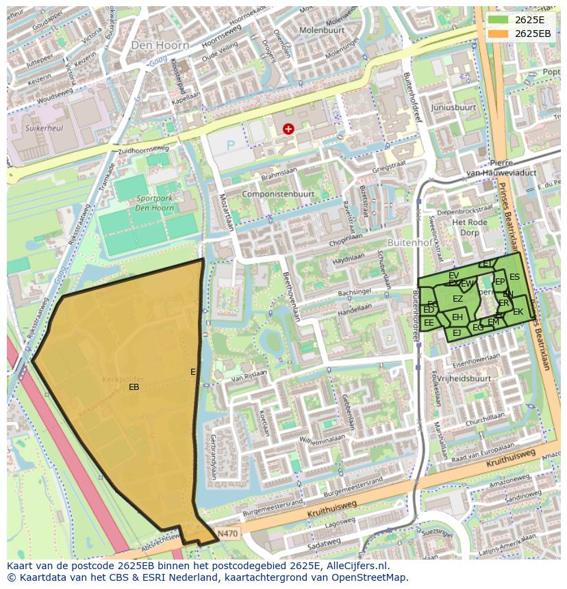 Afbeelding van het postcodegebied 2625 EB op de kaart.