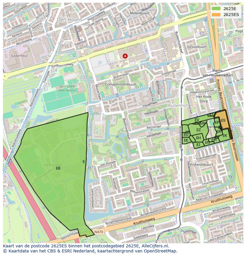 Afbeelding van het postcodegebied 2625 ES op de kaart.