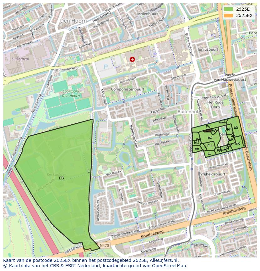 Afbeelding van het postcodegebied 2625 EX op de kaart.