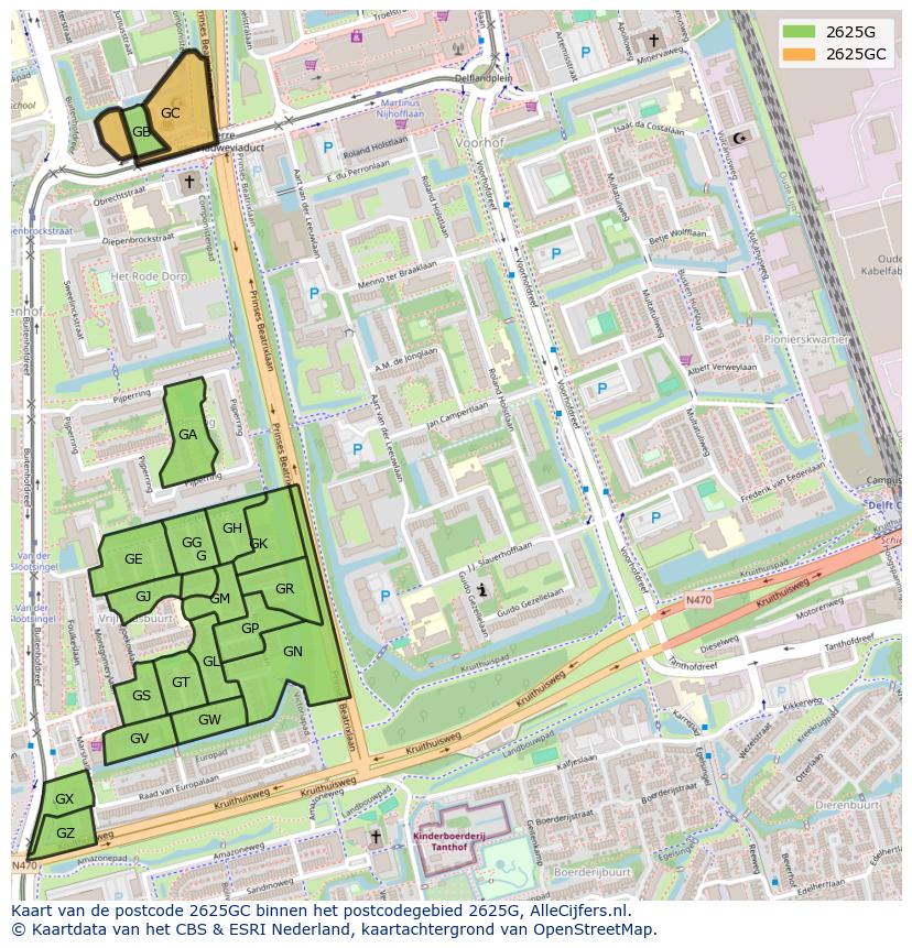 Afbeelding van het postcodegebied 2625 GC op de kaart.