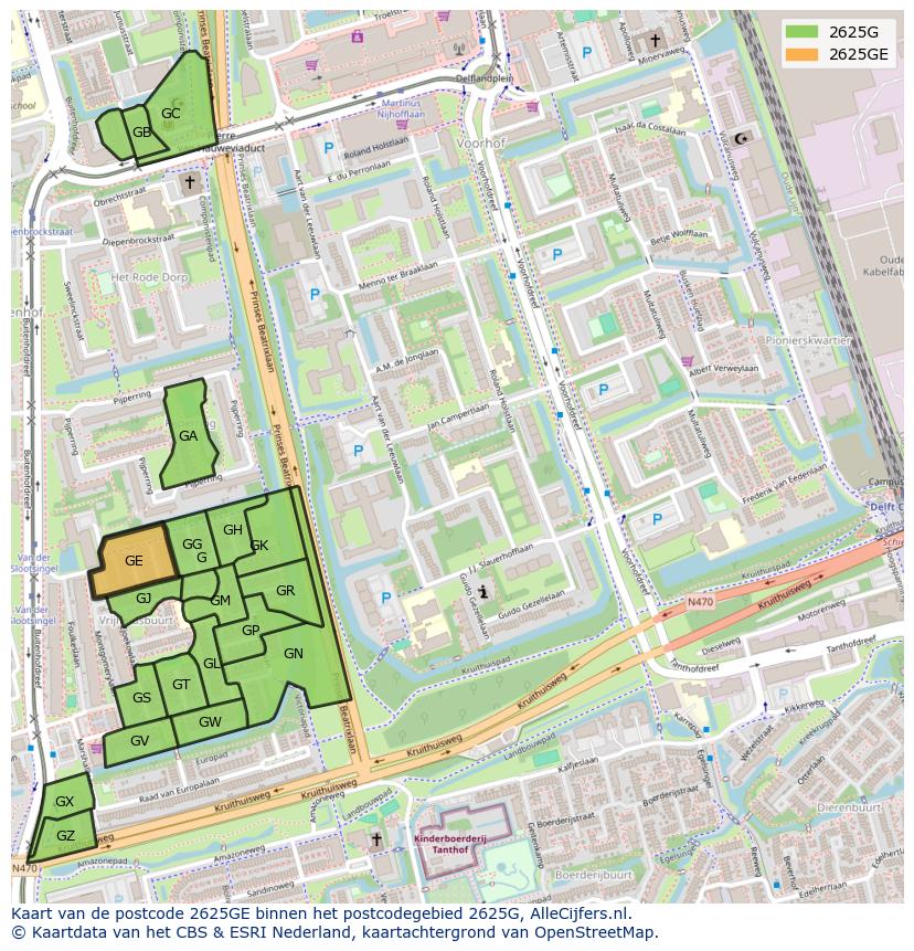 Afbeelding van het postcodegebied 2625 GE op de kaart.