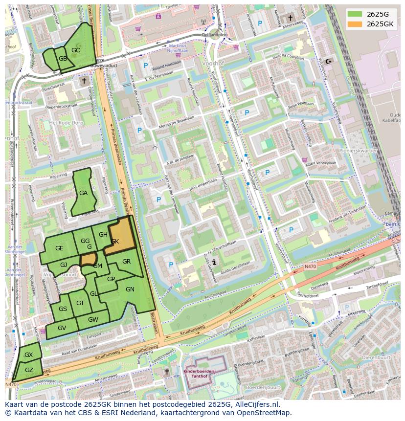 Afbeelding van het postcodegebied 2625 GK op de kaart.