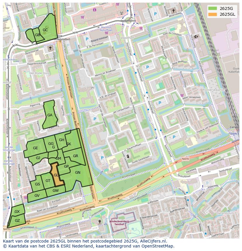 Afbeelding van het postcodegebied 2625 GL op de kaart.
