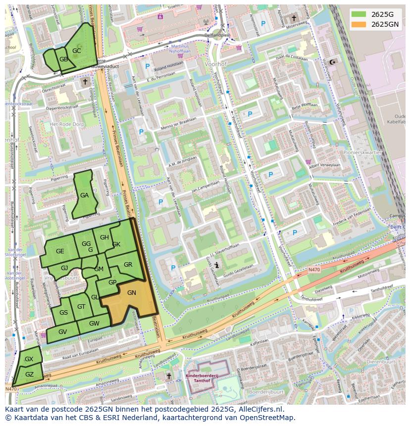 Afbeelding van het postcodegebied 2625 GN op de kaart.