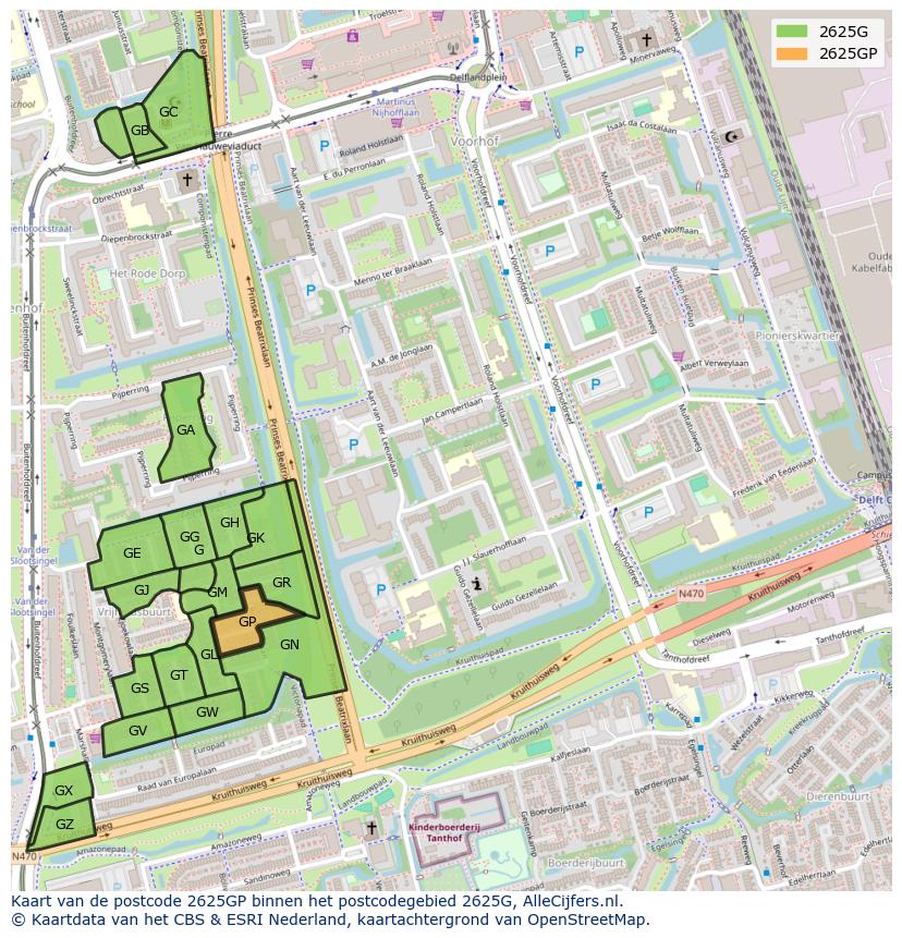 Afbeelding van het postcodegebied 2625 GP op de kaart.