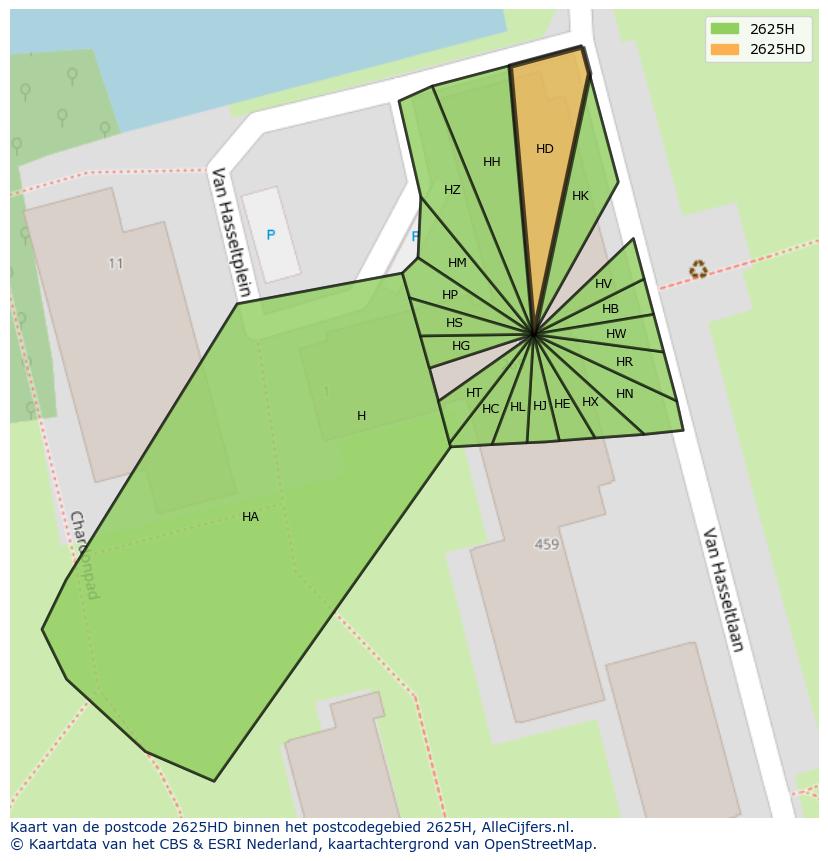 Afbeelding van het postcodegebied 2625 HD op de kaart.