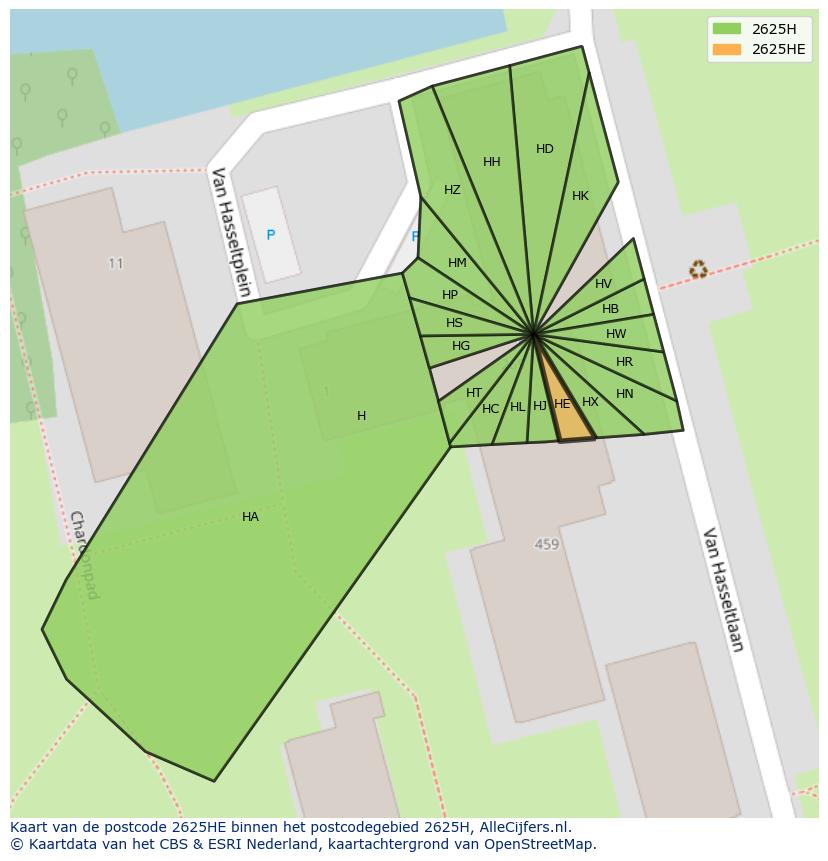 Afbeelding van het postcodegebied 2625 HE op de kaart.
