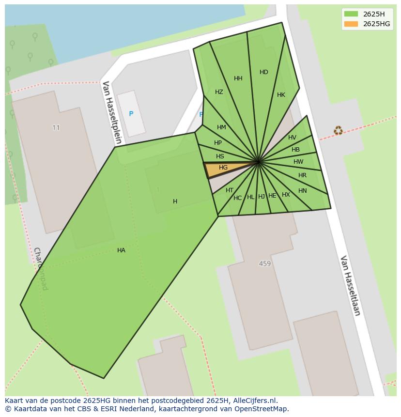Afbeelding van het postcodegebied 2625 HG op de kaart.