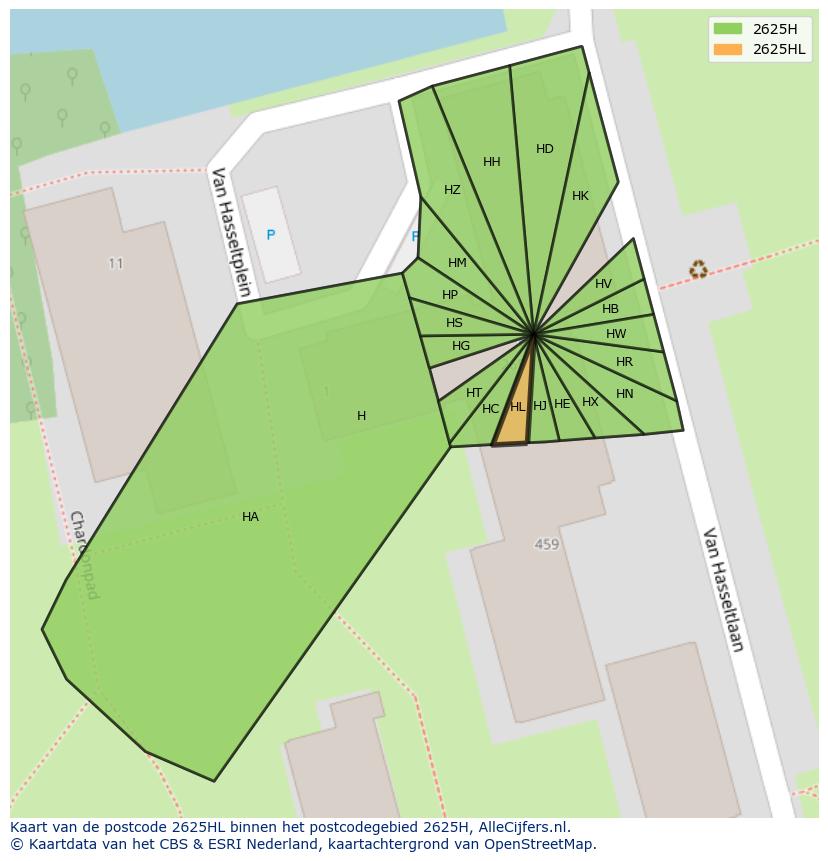 Afbeelding van het postcodegebied 2625 HL op de kaart.