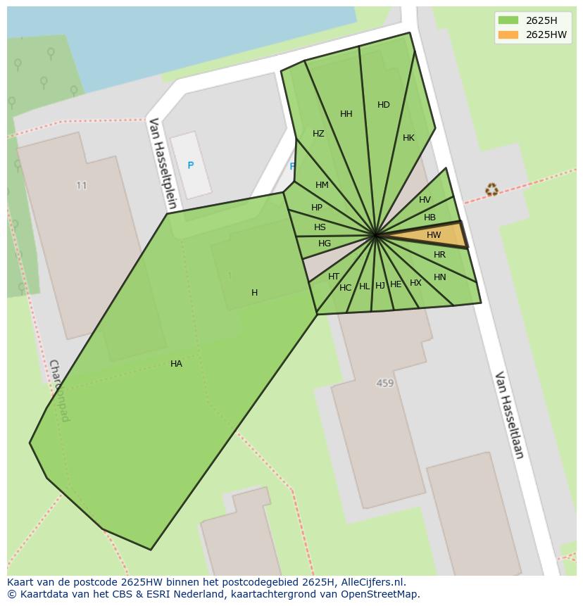 Afbeelding van het postcodegebied 2625 HW op de kaart.