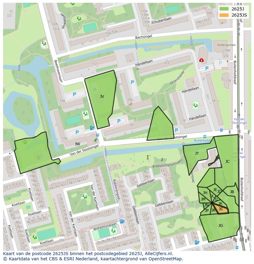 Afbeelding van het postcodegebied 2625 JS op de kaart.