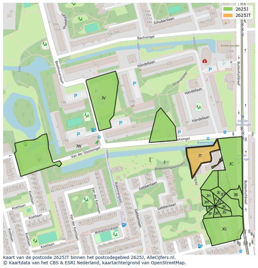 Afbeelding van het postcodegebied 2625 JT op de kaart.
