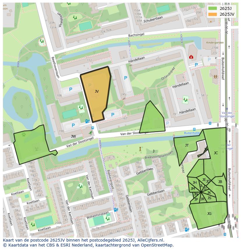 Afbeelding van het postcodegebied 2625 JV op de kaart.