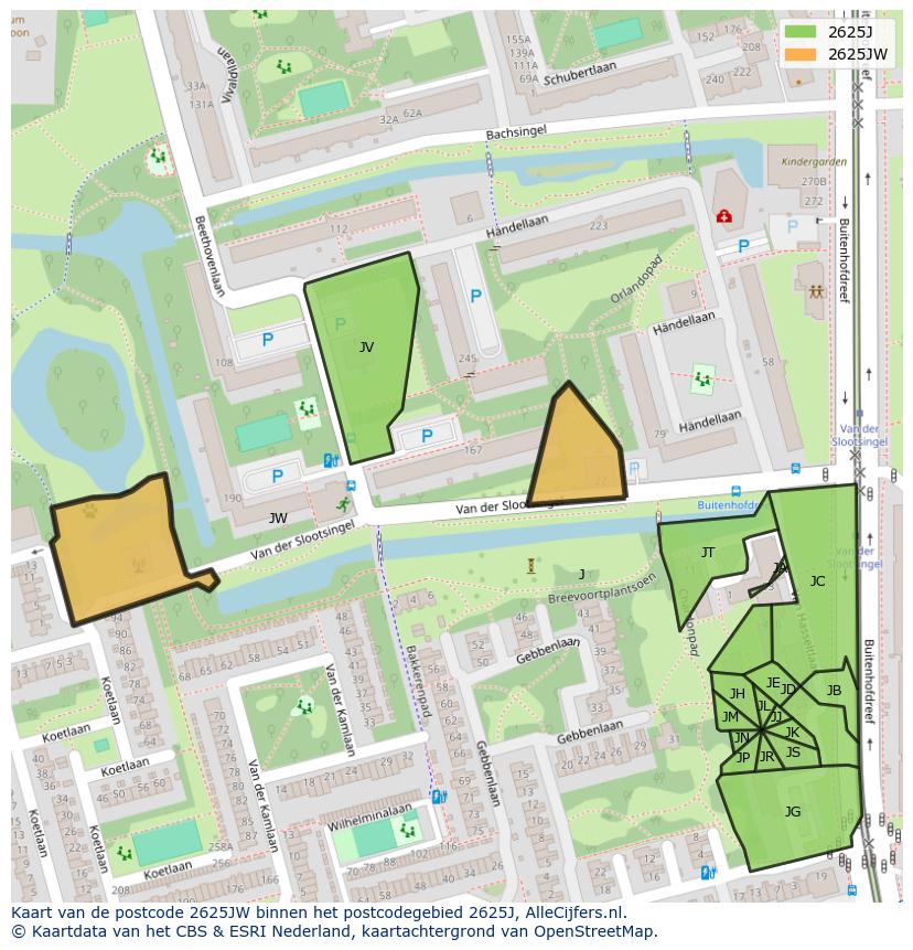 Afbeelding van het postcodegebied 2625 JW op de kaart.