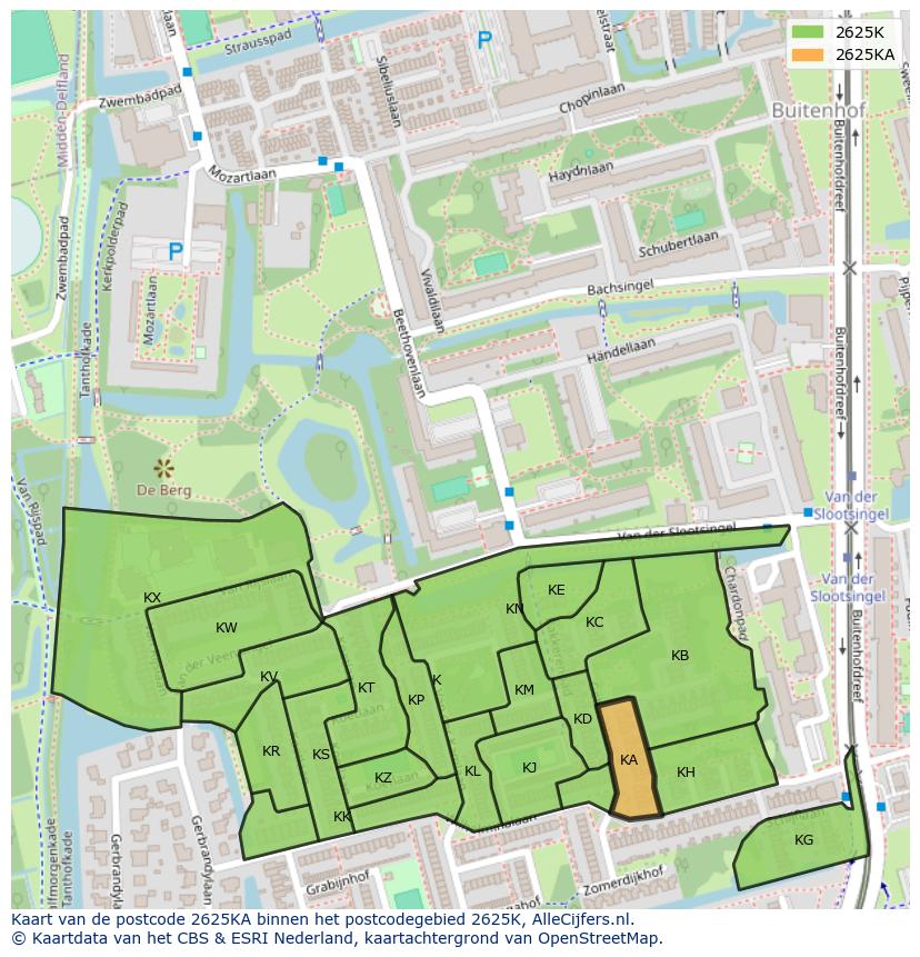 Afbeelding van het postcodegebied 2625 KA op de kaart.