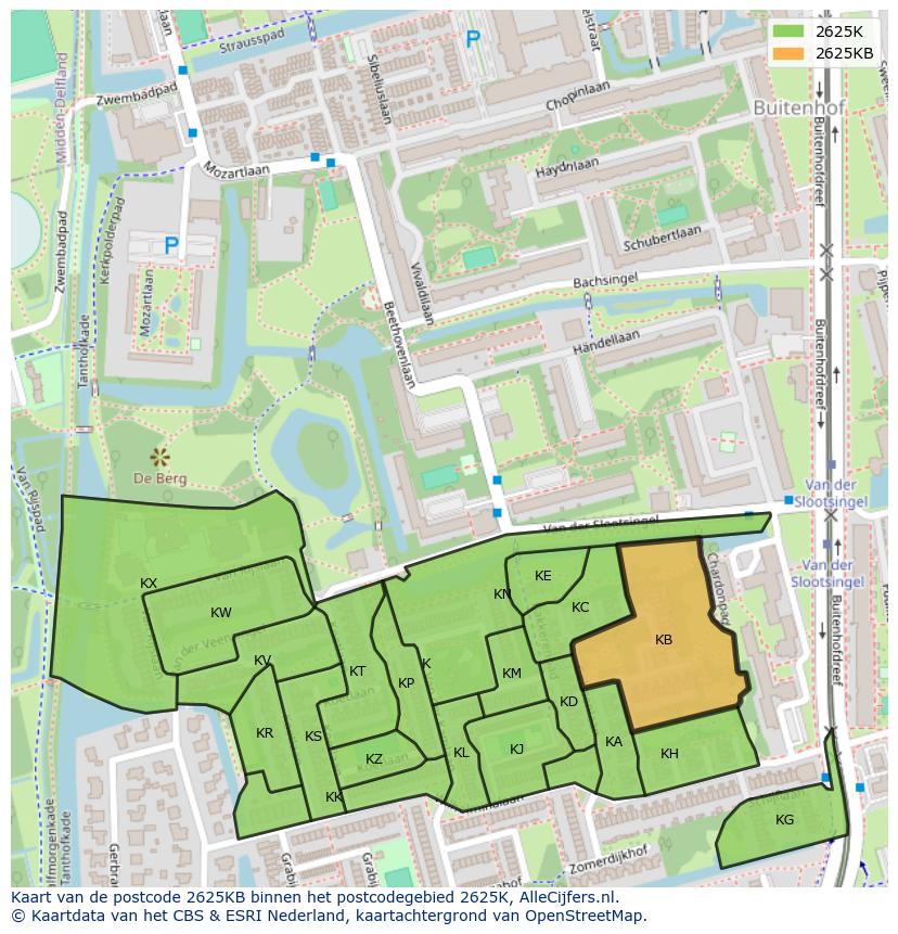 Afbeelding van het postcodegebied 2625 KB op de kaart.