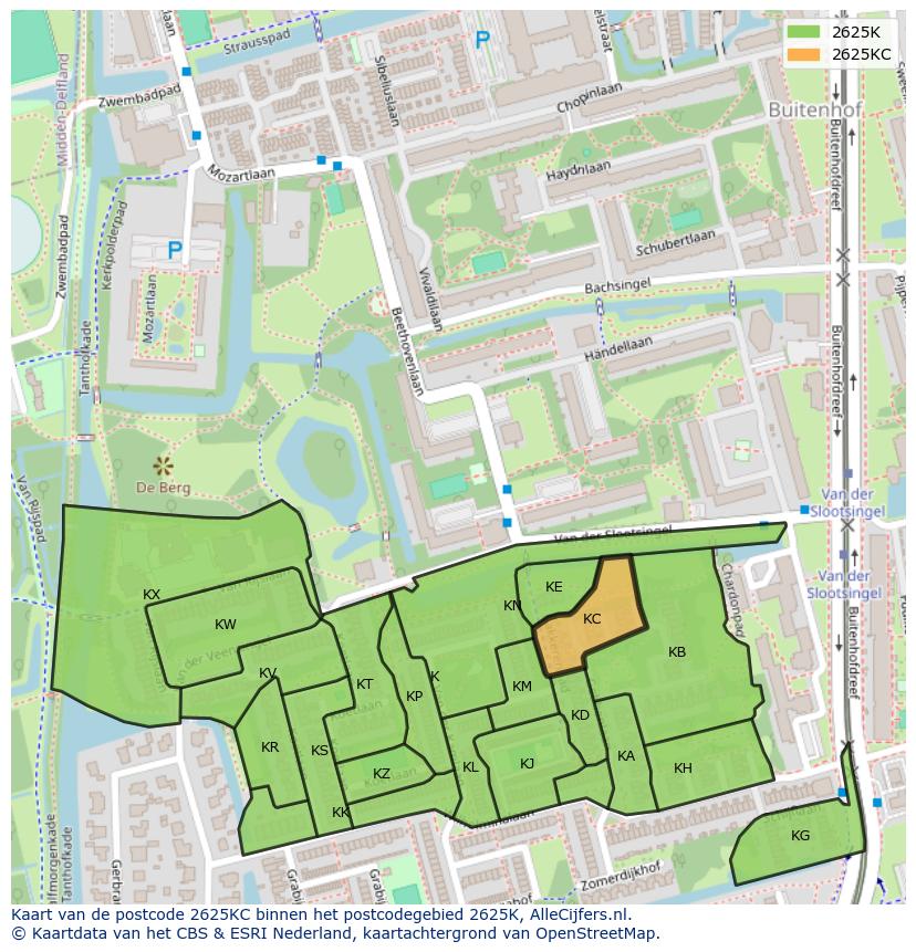 Afbeelding van het postcodegebied 2625 KC op de kaart.