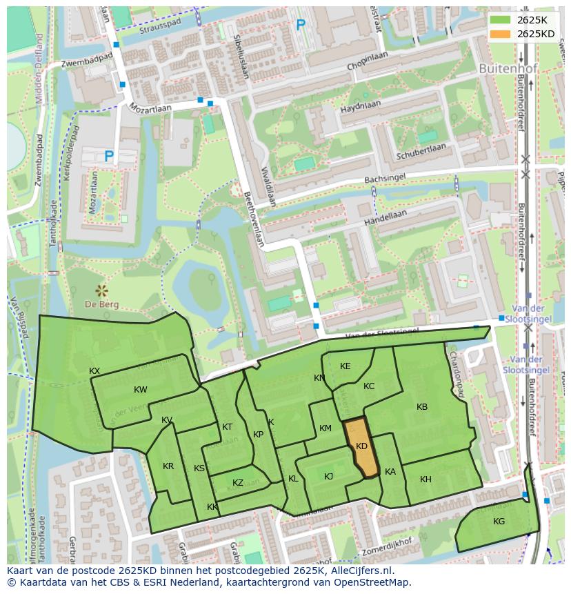 Afbeelding van het postcodegebied 2625 KD op de kaart.