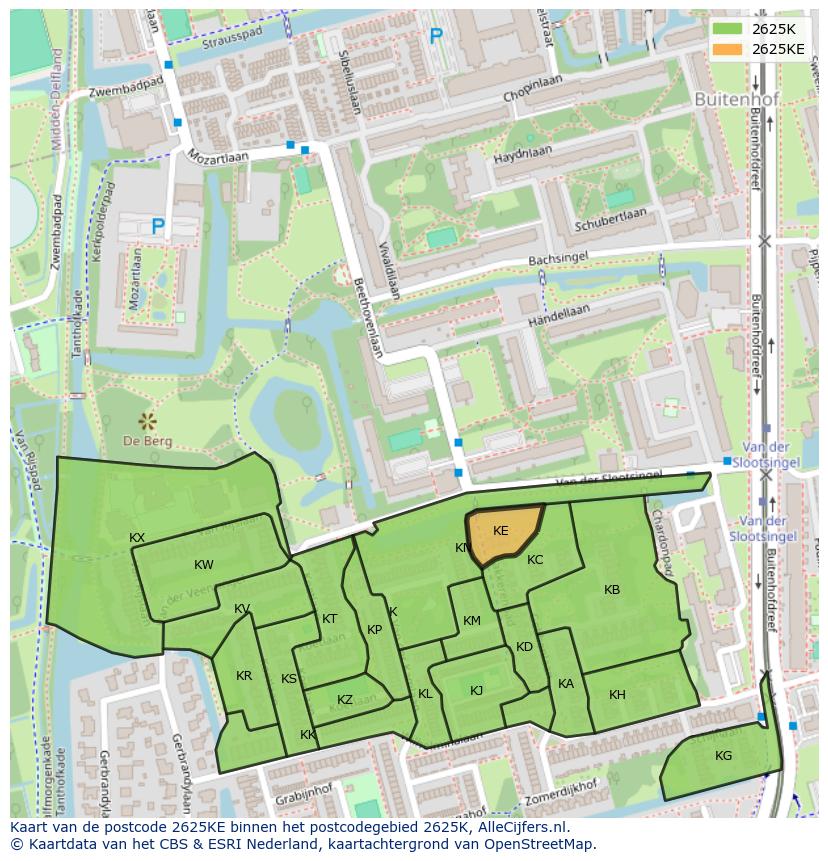 Afbeelding van het postcodegebied 2625 KE op de kaart.