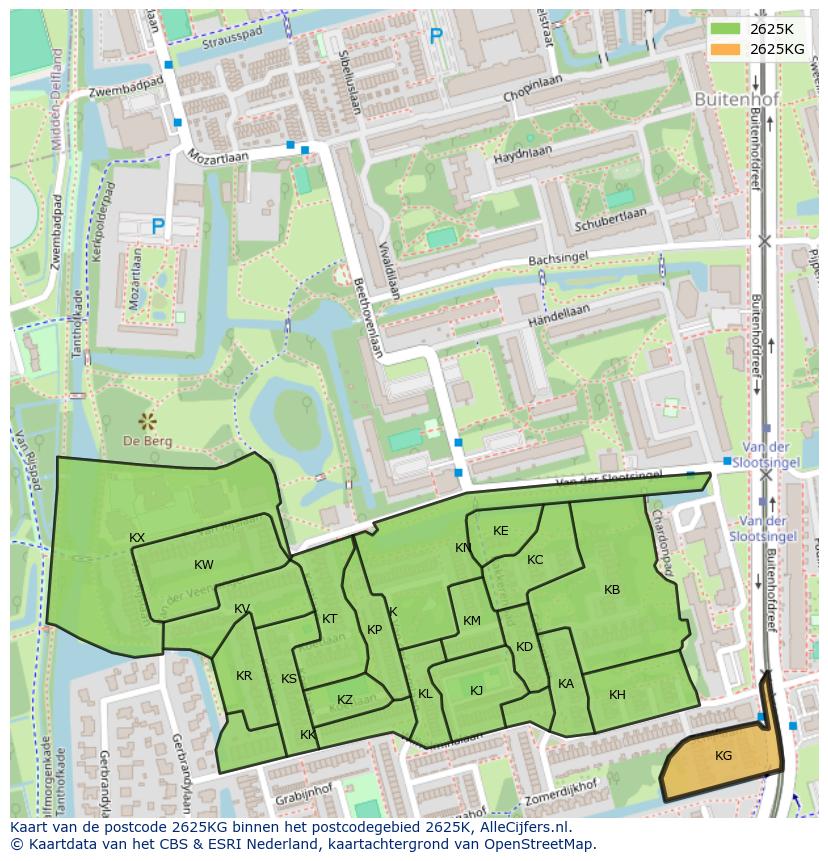 Afbeelding van het postcodegebied 2625 KG op de kaart.