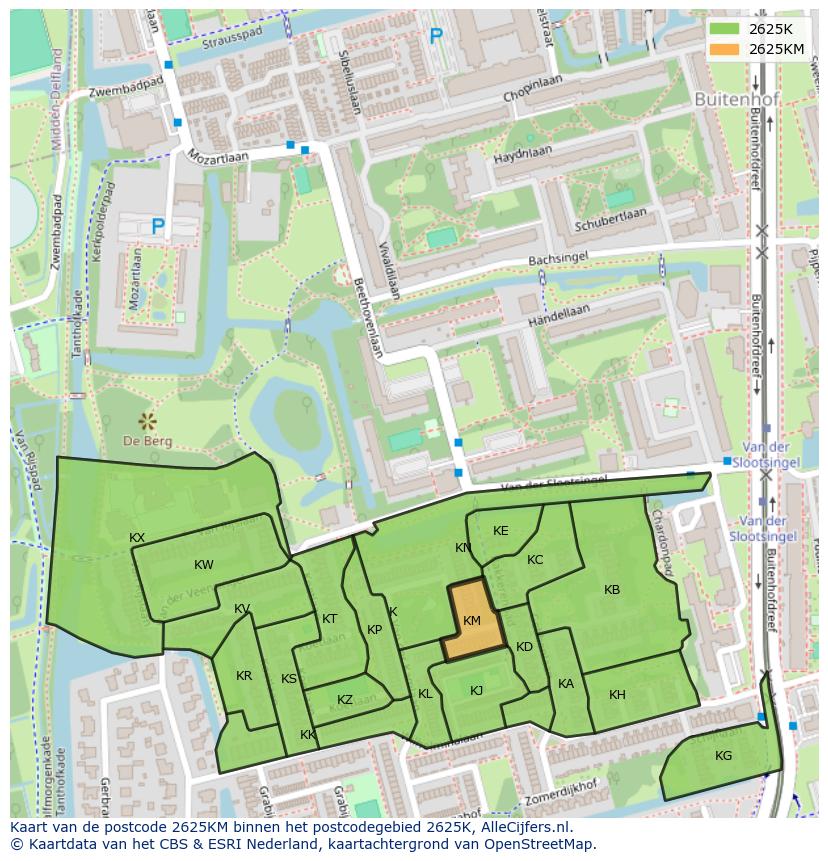 Afbeelding van het postcodegebied 2625 KM op de kaart.