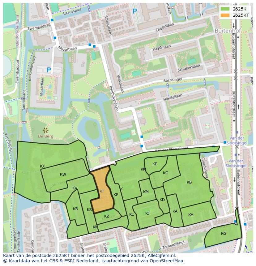 Afbeelding van het postcodegebied 2625 KT op de kaart.