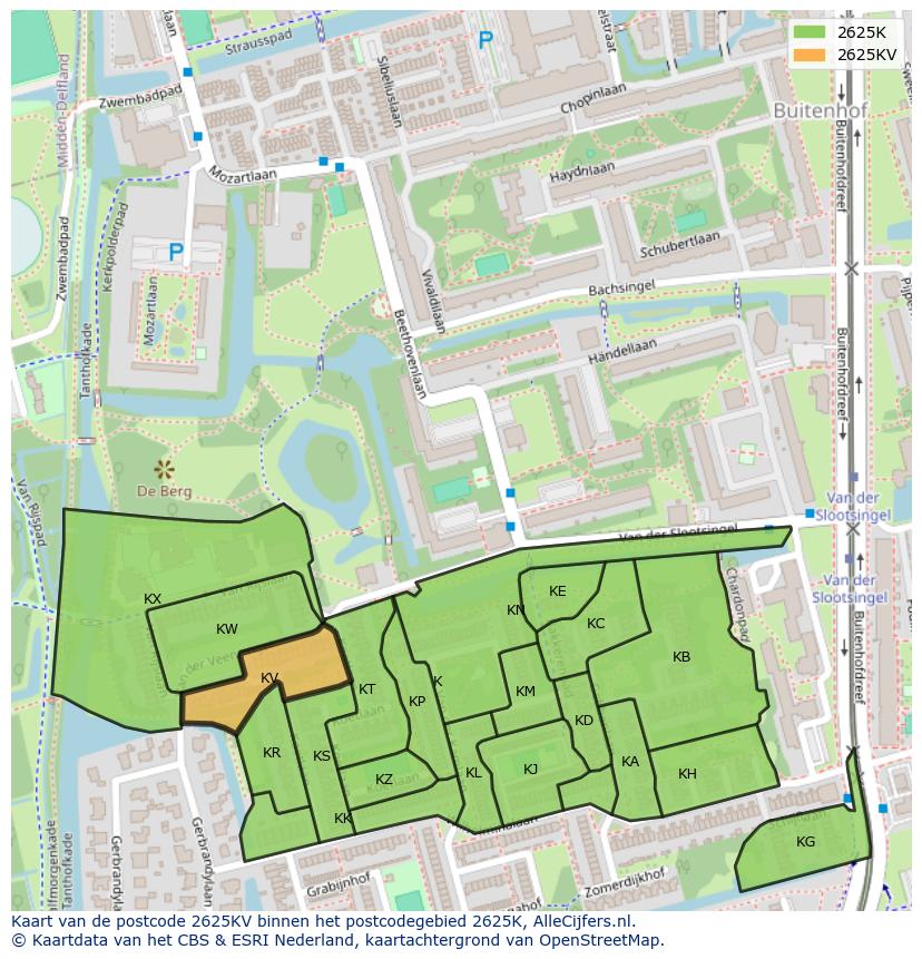 Afbeelding van het postcodegebied 2625 KV op de kaart.
