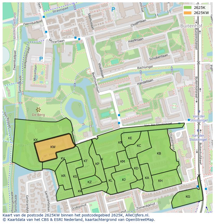 Afbeelding van het postcodegebied 2625 KW op de kaart.