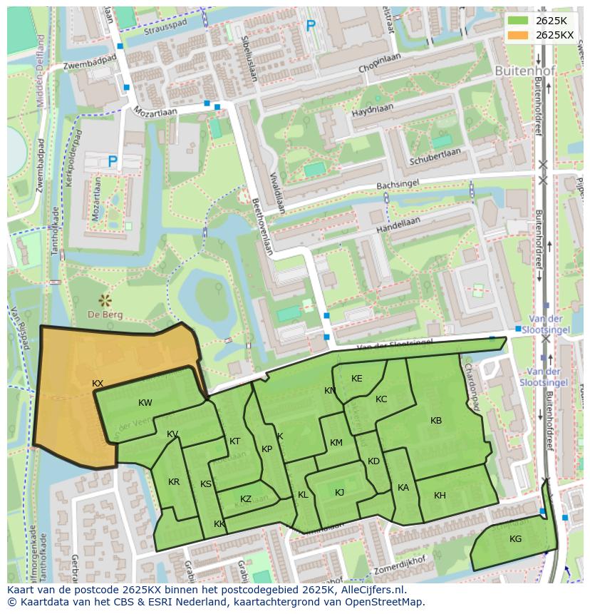 Afbeelding van het postcodegebied 2625 KX op de kaart.