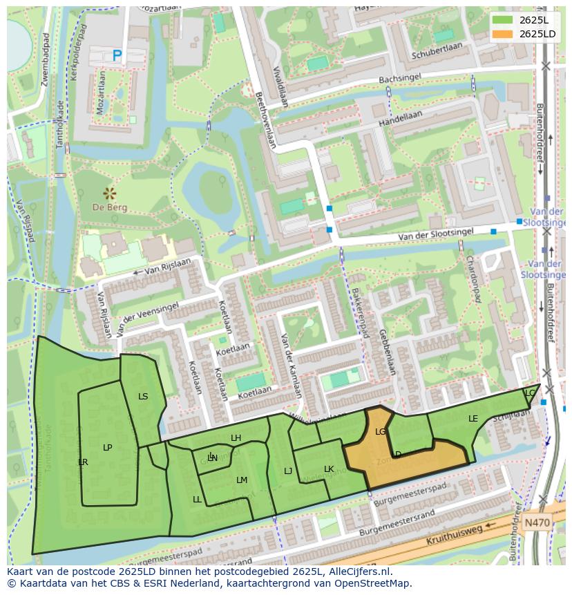 Afbeelding van het postcodegebied 2625 LD op de kaart.