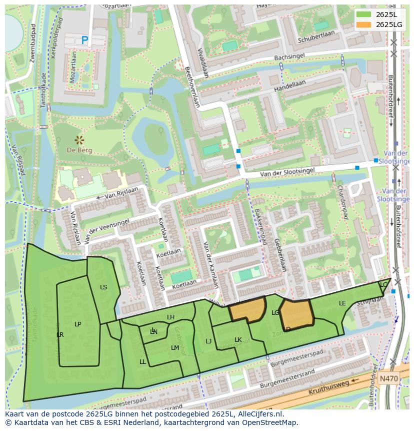 Afbeelding van het postcodegebied 2625 LG op de kaart.