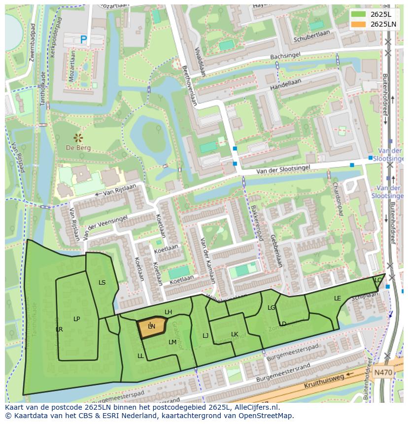 Afbeelding van het postcodegebied 2625 LN op de kaart.