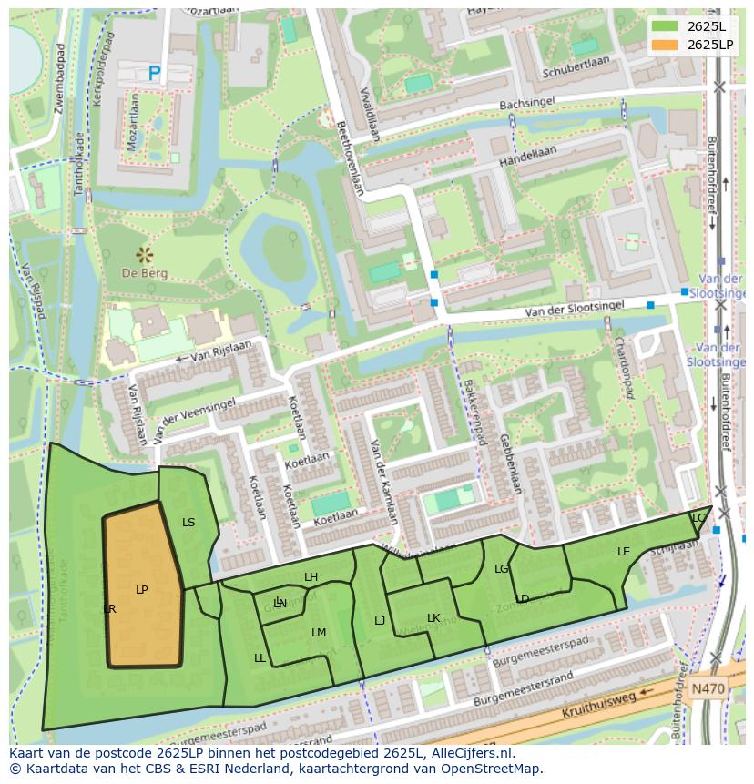 Afbeelding van het postcodegebied 2625 LP op de kaart.