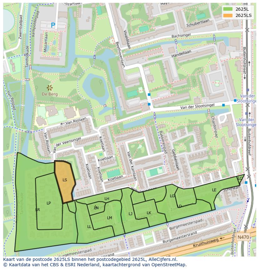 Afbeelding van het postcodegebied 2625 LS op de kaart.
